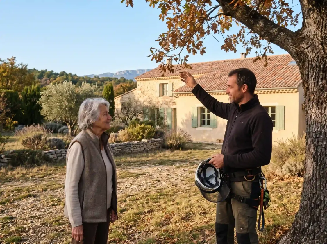 L’artisan, casque à la main, explique à une cliente ce qu’il prévoit pour le grand chêne de son jardin, avant le devis