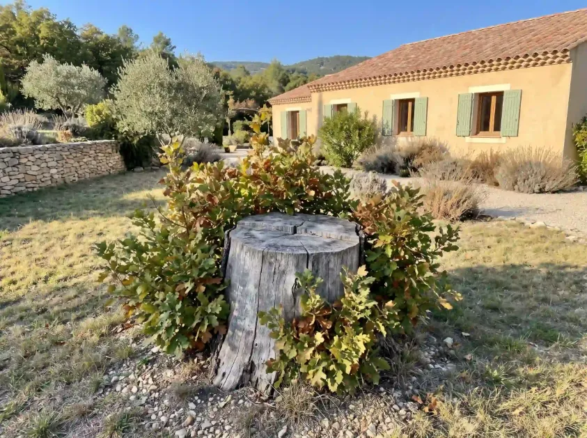 Avant : vieille souche avec des rejets de chêne dans une pelouse sèche, devant une maison provençale