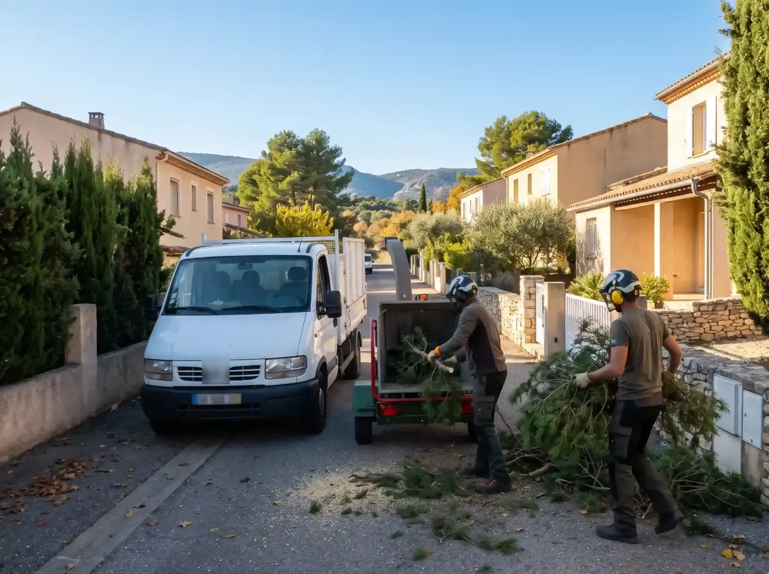 Deux élagueurs chargent des branches de pin dans le broyeur, près de leur camion, dans une rue bordée de haies de cyprès